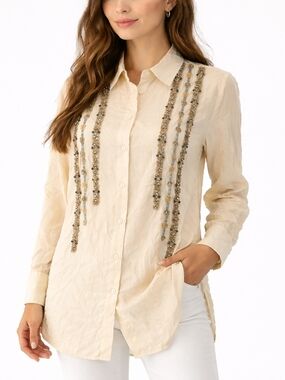 Zara Cream Beaded Button-Down Viscose Shirt